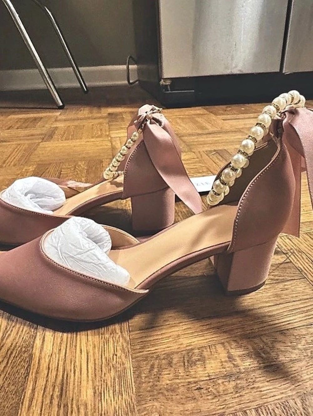 Azazie Matching Color Matte Satin Pearl and Bow Pointed Toe Block Heels Bow